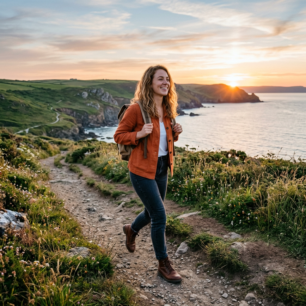 Smiling woman hiking a coastal trail at sunset with a backpack